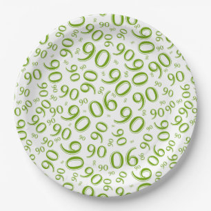 90th Birthday Party Number Pattern Green and White Paper Plate