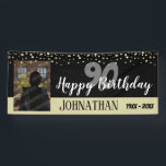 90th Birthday Party One Photo with Confetti Banner<br><div class="desc">Congratulations on this huge milestone in your life! This banner has a fun confetti top boarder with custom dates and name option. 90th birthday party banner can be changed to other dates if needed. black</div>