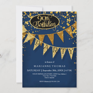 90th Birthday Party Pennant Banner Confetti Invitation
