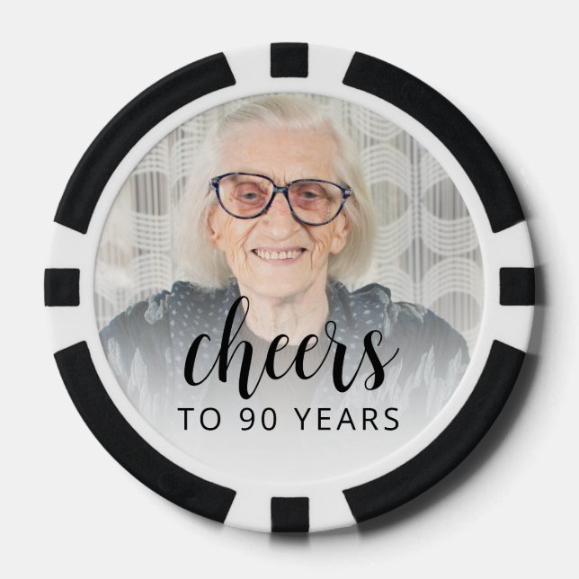 90th Birthday Party Photo Black Script Cheers Poker Chips (Front)