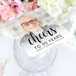 90th Birthday Party Photo Black Script Cheers Square Paper Coaster