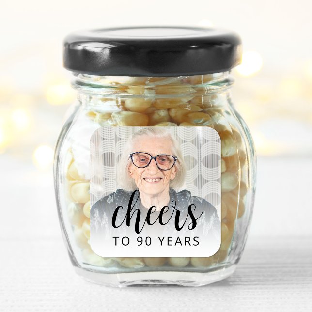 90th Birthday Party Photo Black Script Cheers Square Sticker (Creator Uploaded)