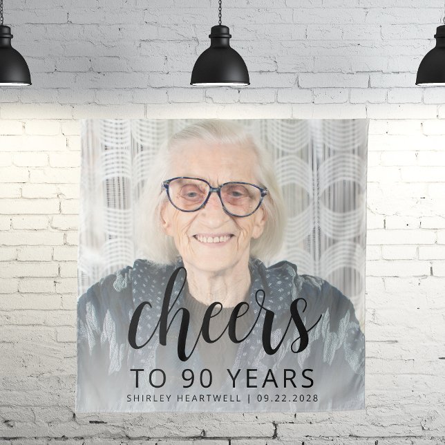 90th Birthday Party Photo Black Script Cheers Tapestry (Creator Uploaded)