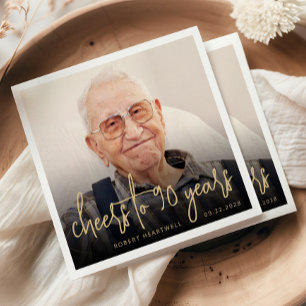 90th Birthday Party Photo Cheers Gold Script Napkin