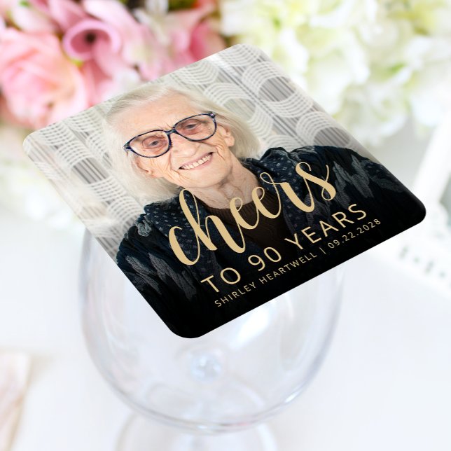 90th Birthday Party Photo Cheers Square Paper Coaster (Creator Uploaded)