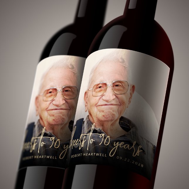 90th Birthday Party Photo Cheers Wine Label (Creator Uploaded)