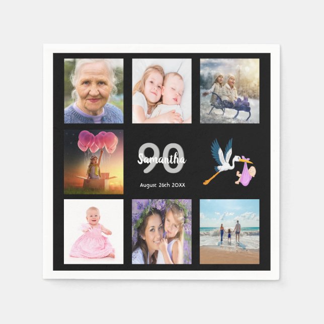 90th birthday party photo collage black napkin (Front)
