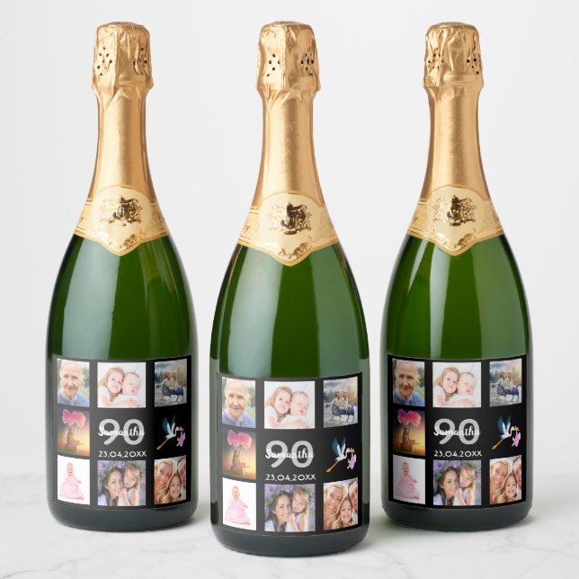 90th birthday party photo collage black sparkling wine label (Bottles)