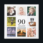 90th birthday party photo collage save the date magnet<br><div class="desc">A magnet for a 90th birthday party for a guy, celebrating his life with a collage of 8 of your own photos. Templates for the age 90 and a date. Date of birth or the date of the party. Black coloured letters. White background. Perfect as a party favour, keepsake or...</div>