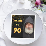 90th birthday party photo gold balloons black napkin<br><div class="desc">A napkin for guys 90th birthday party. Template for your photo.  Black background and the tex: Cheers to 90.  The text is written with a trendy faux gold balloon script. With golden confetti as decor.</div>
