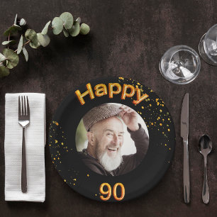 90th birthday party photo gold balloons black paper plate