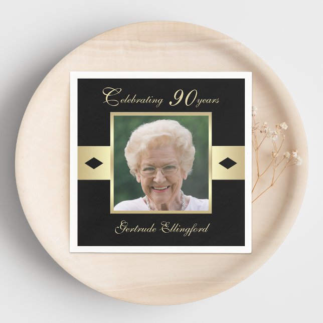 90th Birthday Party Photo on Black Napkin (Creator Uploaded)