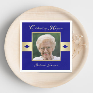 90th Birthday Party Photo on Navy Blue Napkin