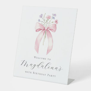 90th Birthday Party Pink Bow Wildflower Welcome Pedestal Sign