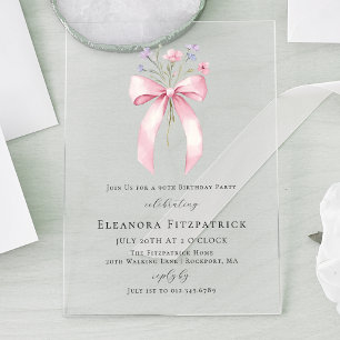 90th Birthday Party Pink Coquette Bow Wildflower Acrylic Invitations