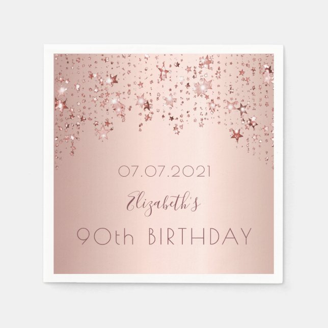 90th birthday party pink rose gold stars napkin (Front)