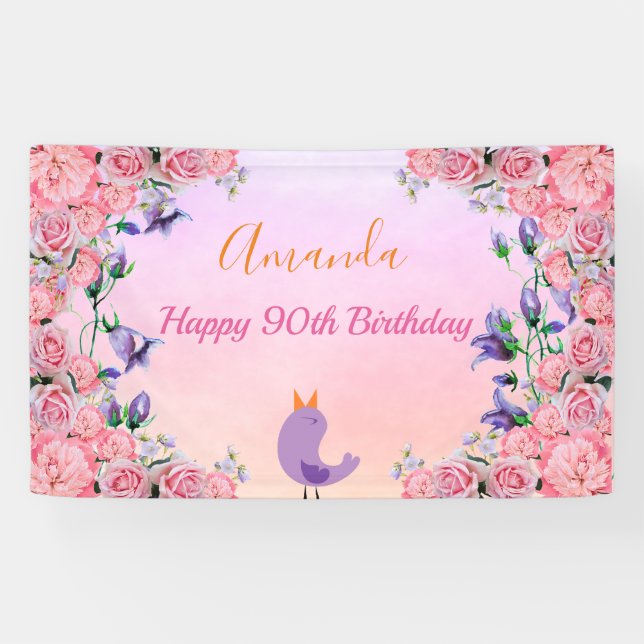 90th birthday party pink violet garden florals banner (Horizontal)