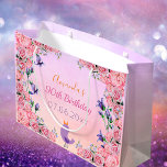 90th birthday party pink violet garden florals large gift bag<br><div class="desc">An elegant floral themed gift bag for a 90th birthday party or tea party. A romantic violet, pink and peach coloured background, purple and pink letters. With pretty Flowers in blue and ultra violet bluebells, pink peonies and roses. A little lavender coloured bird is singing. Templates for a name, age...</div>