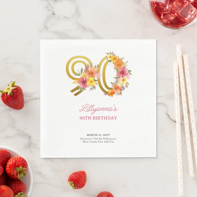 90th Birthday Party Pretty Floral Gold Number 90 Napkin (Insitu)