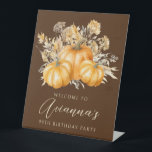 90th Birthday Party Pumpkin Fall Flower Welcome Pedestal Sign<br><div class="desc">Elegant watercolor orange pumpkins are nestled in a variety of fall foliage and flowers. A dark,  rich brown background frames it to perfection. Perfect for an autumn celebration.</div>