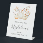 90th Birthday Party Pumpkin Fall Leaves Welcome Pedestal Sign<br><div class="desc">An elegant white watercolor pumpkin is nestled in fall leaves and flowers. The sophisticated blend of deep earth tones and soft pastels creates a unique aesthetic your guests will love. All the text is easily edited,  so you can set just the right tone.</div>