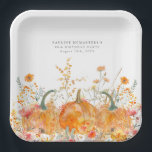 90th Birthday Party Pumpkin Wildflower Custom Paper Plate<br><div class="desc">Fall pumpkins are nestled in delicate golden yellow and orange wildflowers to create an elegant aesthetic. All of the text is editable so you can easily craft your own special mood.</div>