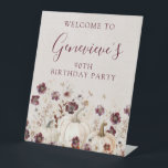 90th Birthday Party Pumpkin Wildflower Welcome  Pedestal Sign<br><div class="desc">Elegant white watercolor pumpkins are nestled in delicate burgundy red wildflowers to create an elegant aesthetic. All of the text is editable so you can easily craft your own special mood.</div>