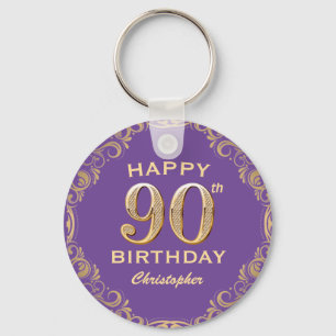 90th Birthday Party Purple and Gold Glitter Frame Key Ring