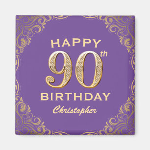 90th Birthday Party Purple and Gold Glitter Frame Magnet