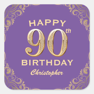 90th Birthday Party Purple and Gold Glitter Frame Square Sticker
