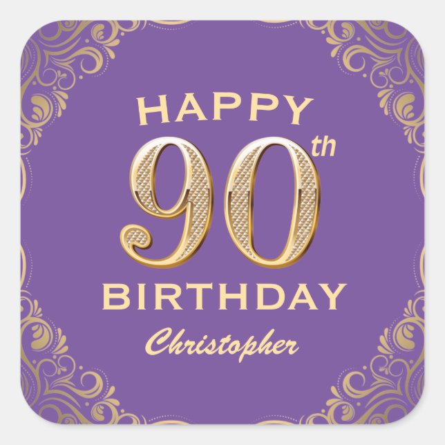 90th Birthday Party Purple and Gold Glitter Frame Square Sticker (Front)