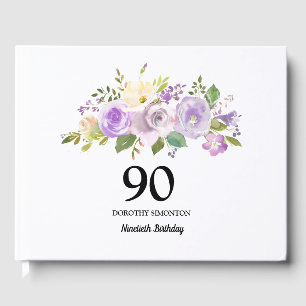 90th Birthday Party Purple Floral Guest Book