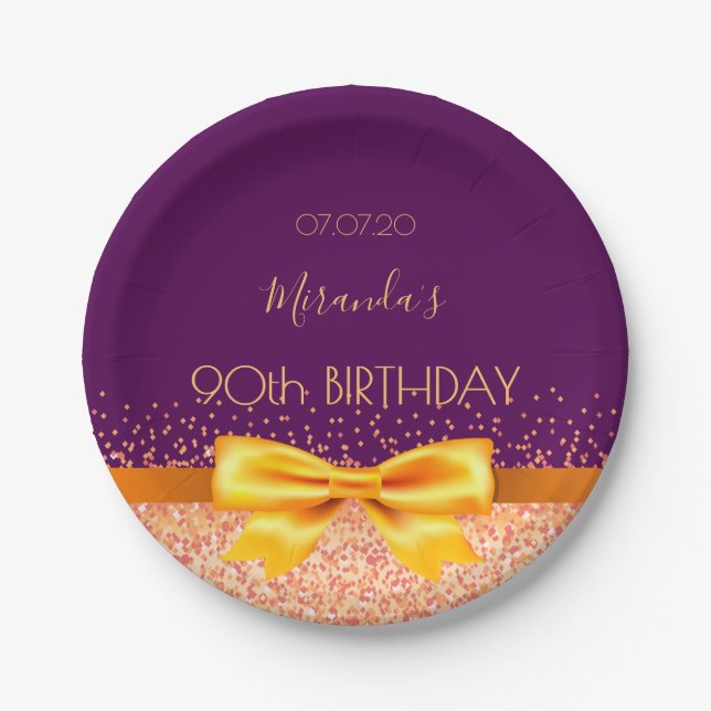 90th birthday party purple rose gold bow name paper plate (Front)