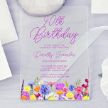 90th Birthday Party Purple Wildflower Acrylic Invitations<br><div class="desc">A pretty wildflower border decorates the bottom of this adult 90th birthday invitation. Purple, blue, yellow and orange flowers create a colourful and happy design to celebrate this milestone birthday. Modern and simple purple calligraphy adds a trendy touch to keep it fresh. The open and carefree lettering flow coordinates perfectly...</div>