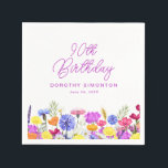 90th Birthday Party Purple Wildflower Custom Napkin<br><div class="desc">A pretty watercolor wildflower border decorates the bottom of this 90th birthday party custom cocktail napkin. The colourful wildflowers are perfect for a spring or summer birthday party. The birthday celebrant's name and birthday follow. All text is editable.</div>