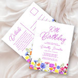 90th Birthday Party Purple Wildflowers Affordable Invitation Postcard<br><div class="desc">A pretty wildflower border decorates the bottom of this adult 90th birthday affordable invitation postcard. Purple, blue, yellow and orange flowers create a colourful and happy design to celebrate this milestone birthday. Modern and simple purple calligraphy adds a trendy touch to keep it fresh. The open and carefree lettering flow...</div>