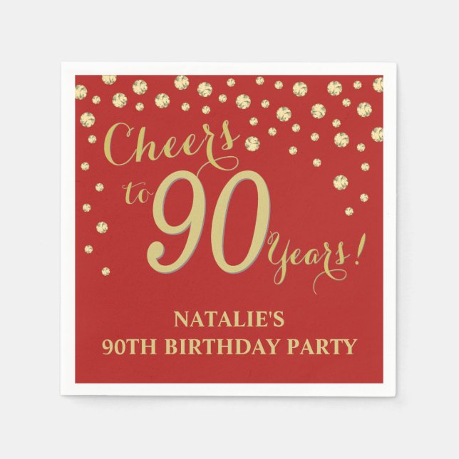 90th Birthday Party Red and Gold Diamond Napkins (Front)