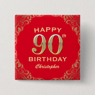 90th Birthday Party Red and Gold Glitter Frame 15 Cm Square Badge