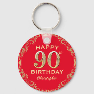 90th Birthday Party Red and Gold Glitter Frame Key Ring