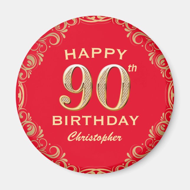 90th Birthday Party Red and Gold Glitter Frame Magnet (Front)