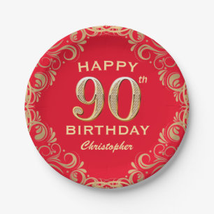 90th Birthday Party Red and Gold Glitter Frame Paper Plate
