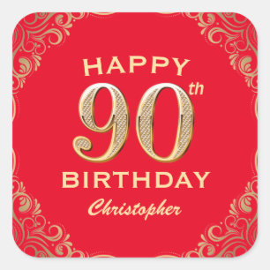 90th Birthday Party Red and Gold Glitter Frame Square Sticker