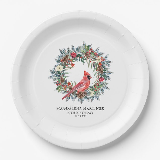 90th Birthday Party Red Cardinal Wreath Custom Paper Plate (Front)