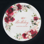 90th Birthday Party Red Pink Floral Custom Paper Paper Plate<br><div class="desc">Pretty red roses and blush pink peonies decorate this 90th birthday party custom paper plate. Two lovely floral arrangements decorate two sides. Elegant calligraphy spells out 90th birthday, The birthday celebrant's name is below. This item is part of the Red Rose and Pink Peony collection. It contains professional designed invitation...</div>