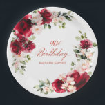 90th Birthday Party Red Pink Floral Custom Paper Paper Plate<br><div class="desc">Pretty red roses and blush pink peonies decorate this 90th birthday party custom paper plate. Two lovely floral arrangements decorate two sides. Elegant calligraphy spells out 90th birthday, The birthday celebrant's name is below. This item is part of the Red Rose and Pink Peony collection. It contains professional designed invitation...</div>