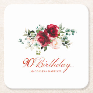 90th Birthday Party Red Pink Floral Custom Square Paper Coaster