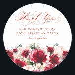 90th Birthday Party Red Pink Floral Thank You Classic Round Sticker<br><div class="desc">Add a special touch to your 90th birthday party favours with this elegant round thank you sticker. It features a watercolor red rose and pink peony floral border along the bottom. Dark green leaves give it a rustic botanical vibe. Thank you is written in a beautiful classic script. Two lines...</div>
