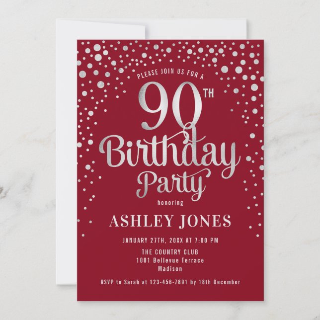 90th Birthday Party - Red & Silver Invitation (Front)