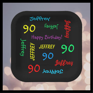 90th Birthday Party, Repeating Name, Black Square Paper Plate