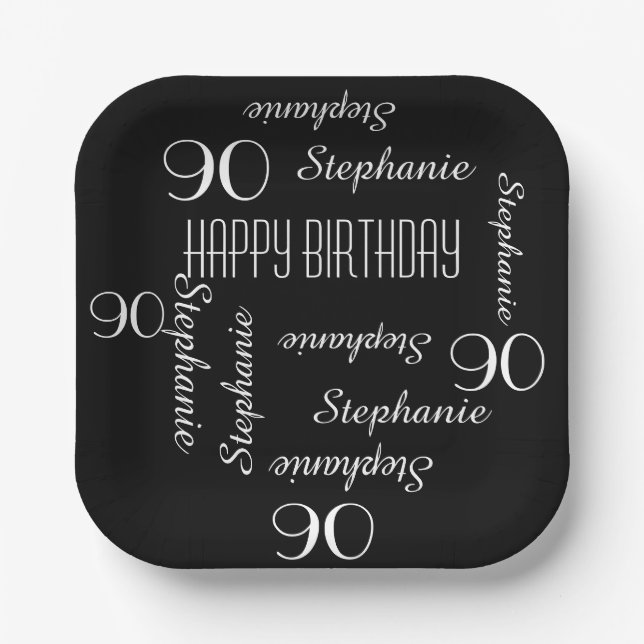 90th Birthday Party Repeating Name Square Paper Plate (Front)
